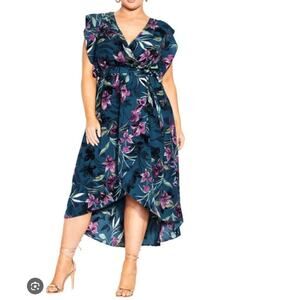 NWT City Chic Plus Nicole Print Maxi Dress in Teal Priscilla Vine XXL/24